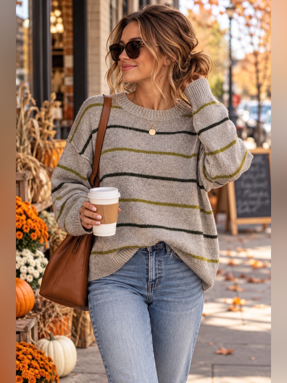 American Eagle Striped Crewneck Sweater Gray Green Preppy